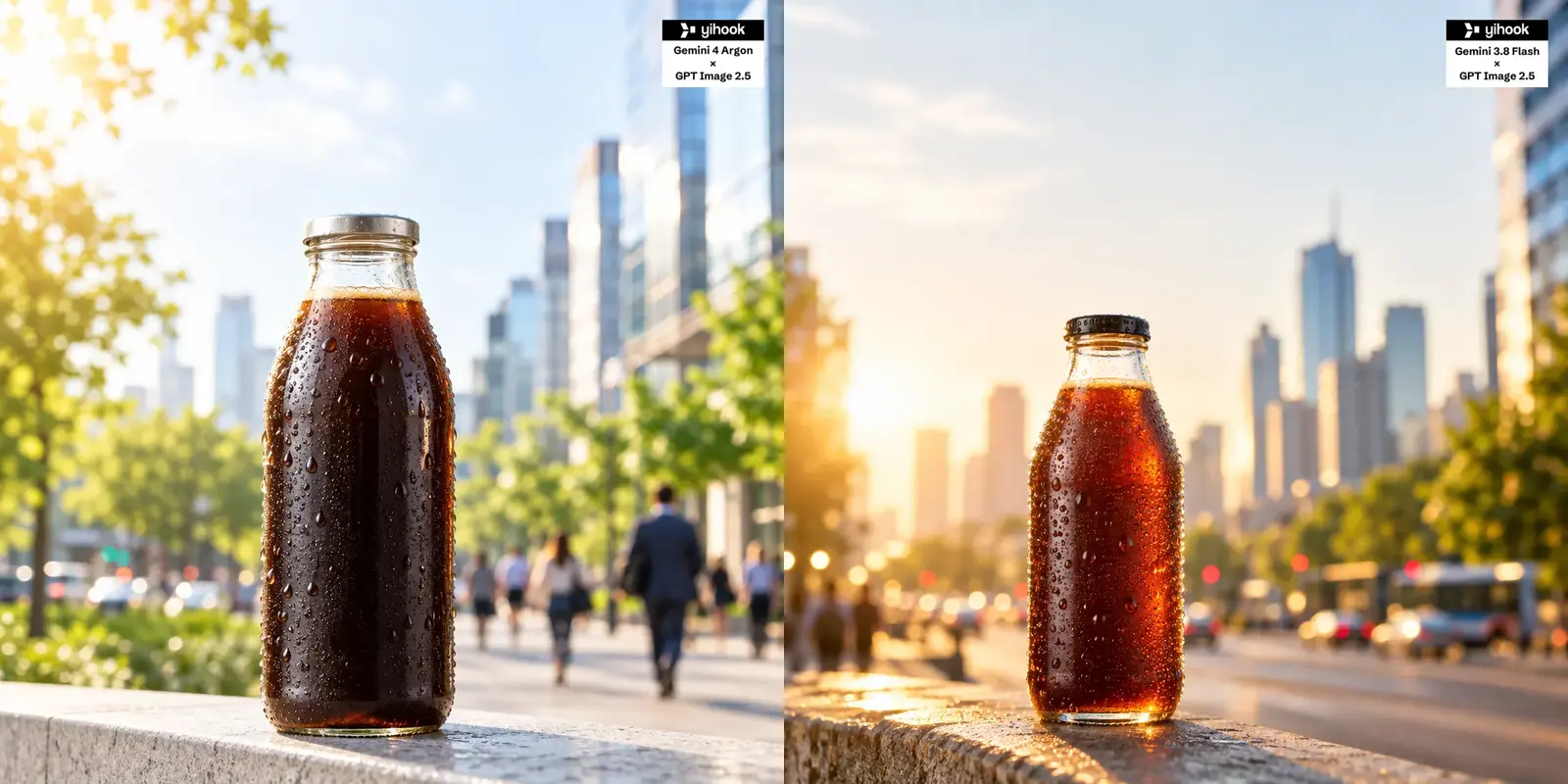 Side-by-side cold-brew coffee ecommerce hero images from Argon and Gemini 3.8 Flash