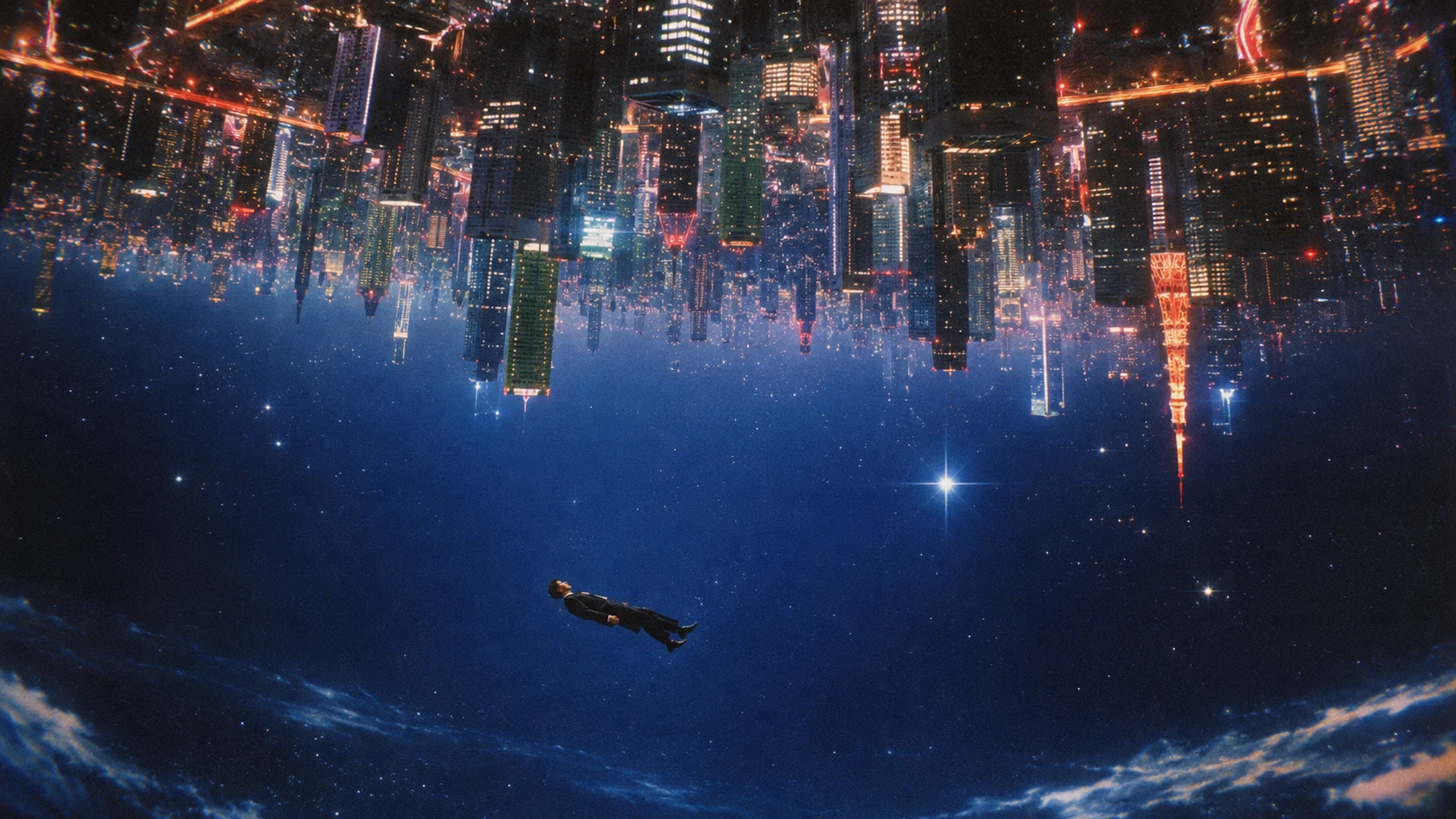 Surreal composition with an inverted city and floating figure