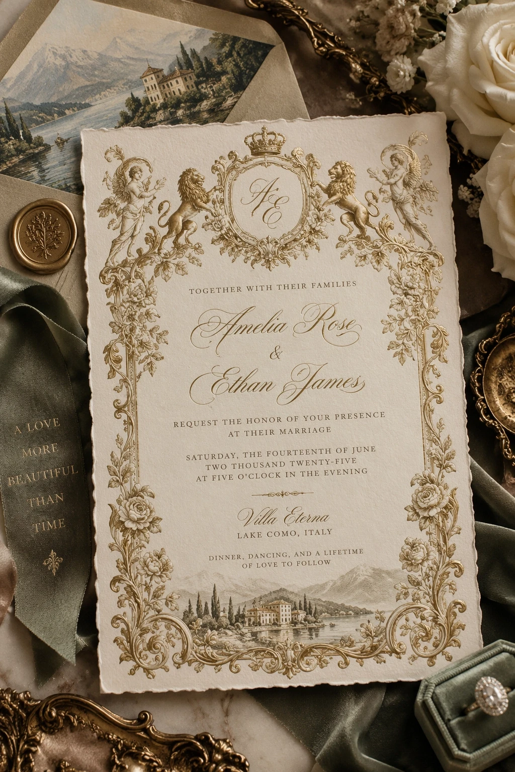 Wedding invitation with complex typography, ornament, and material details