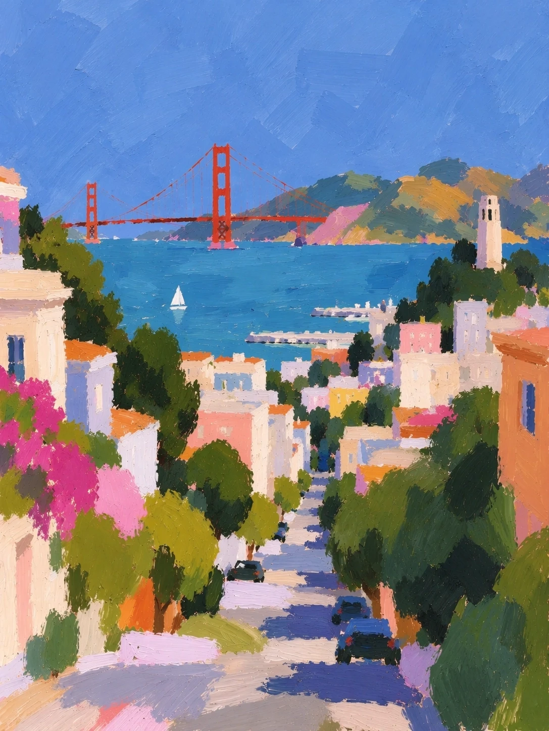 Painterly San Francisco street scene featuring the Golden Gate Bridge