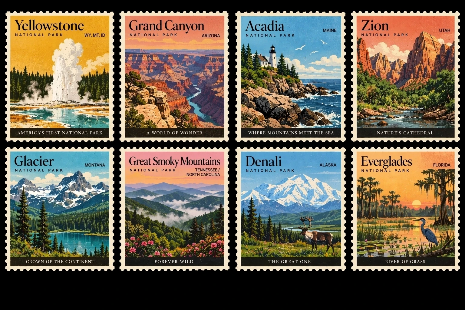 A visually consistent series of vintage national park stamp designs