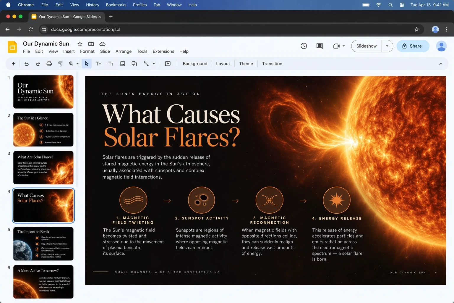 Presentation layout explaining solar flares