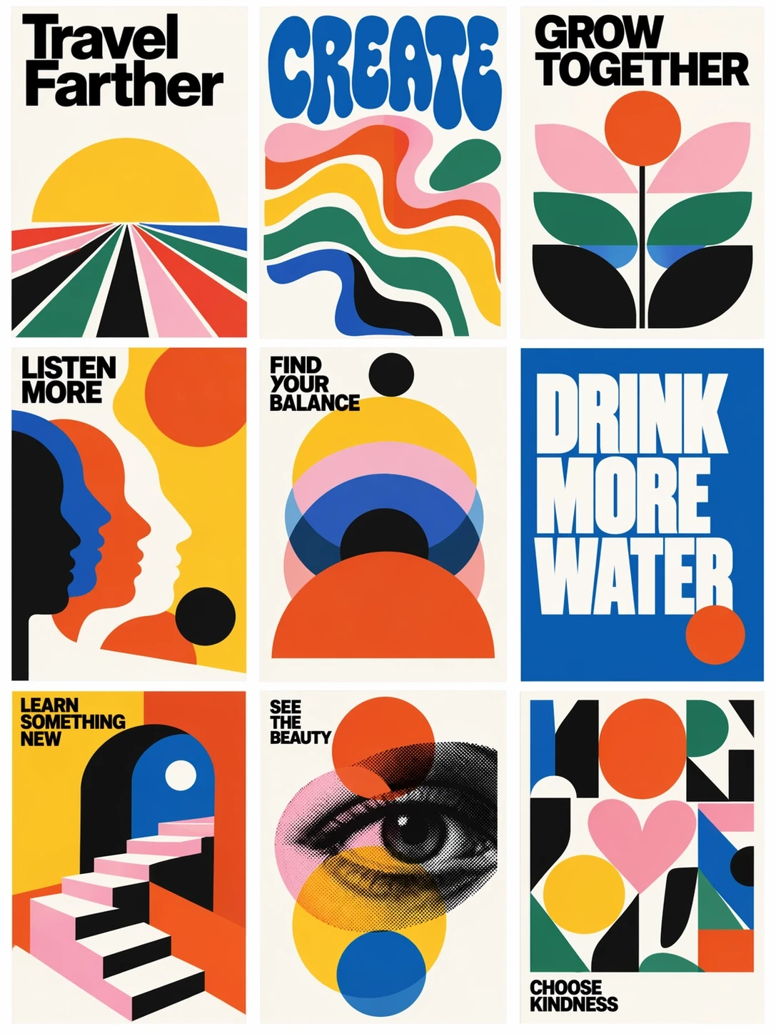 A series of modern poster layouts in a consistent visual style