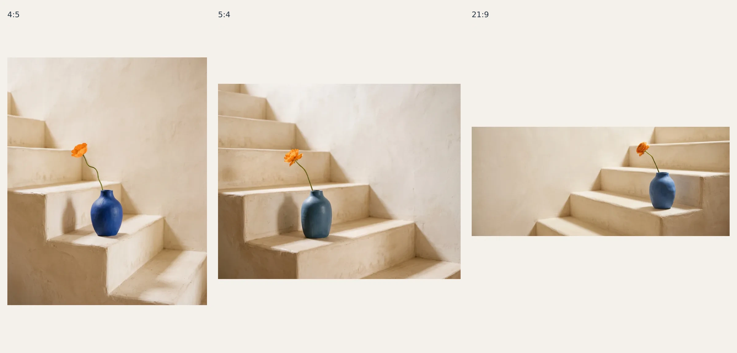 Blue vase and orange flower composed separately at 4:5, 5:4, and 21:9 aspect ratios