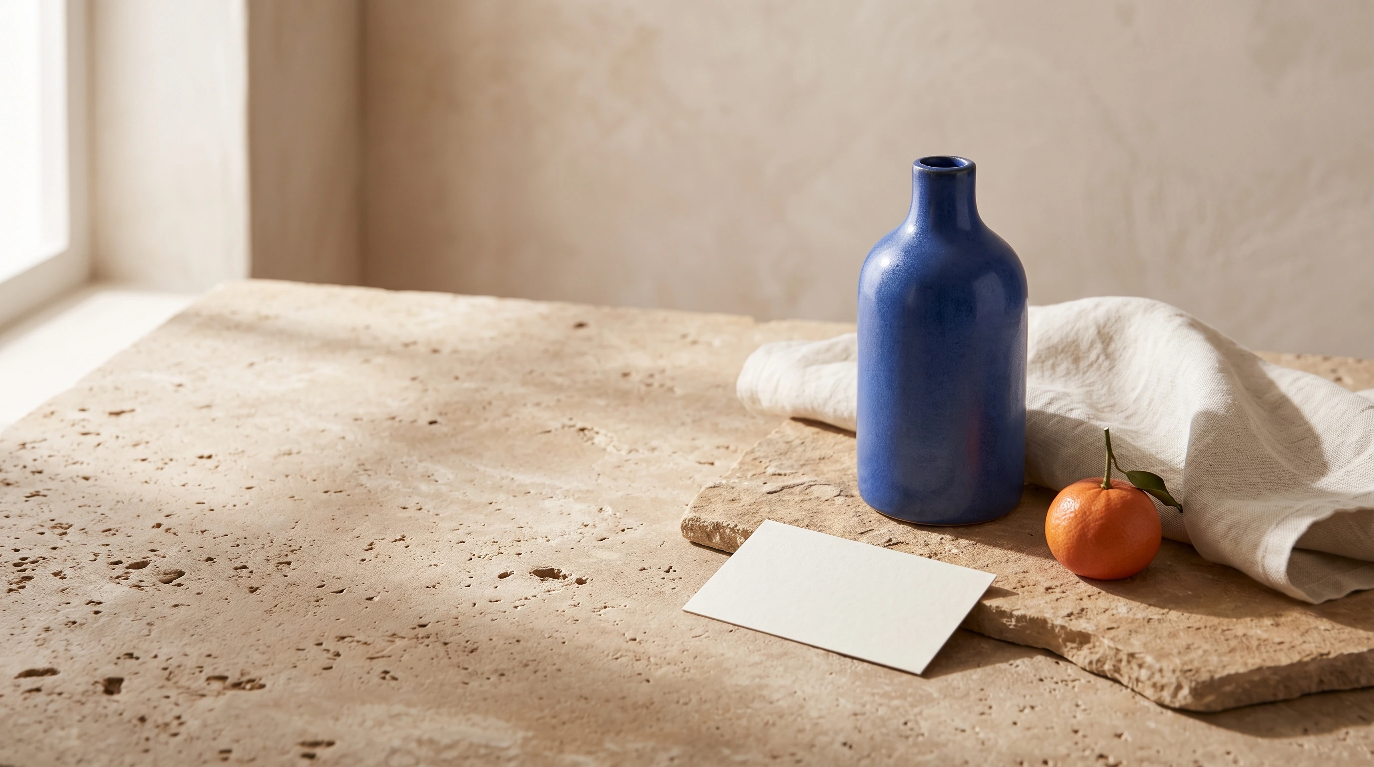 Blue ceramic bottle, orange, and linen in a naturally lit product scene generated with Nano Banana 2.1