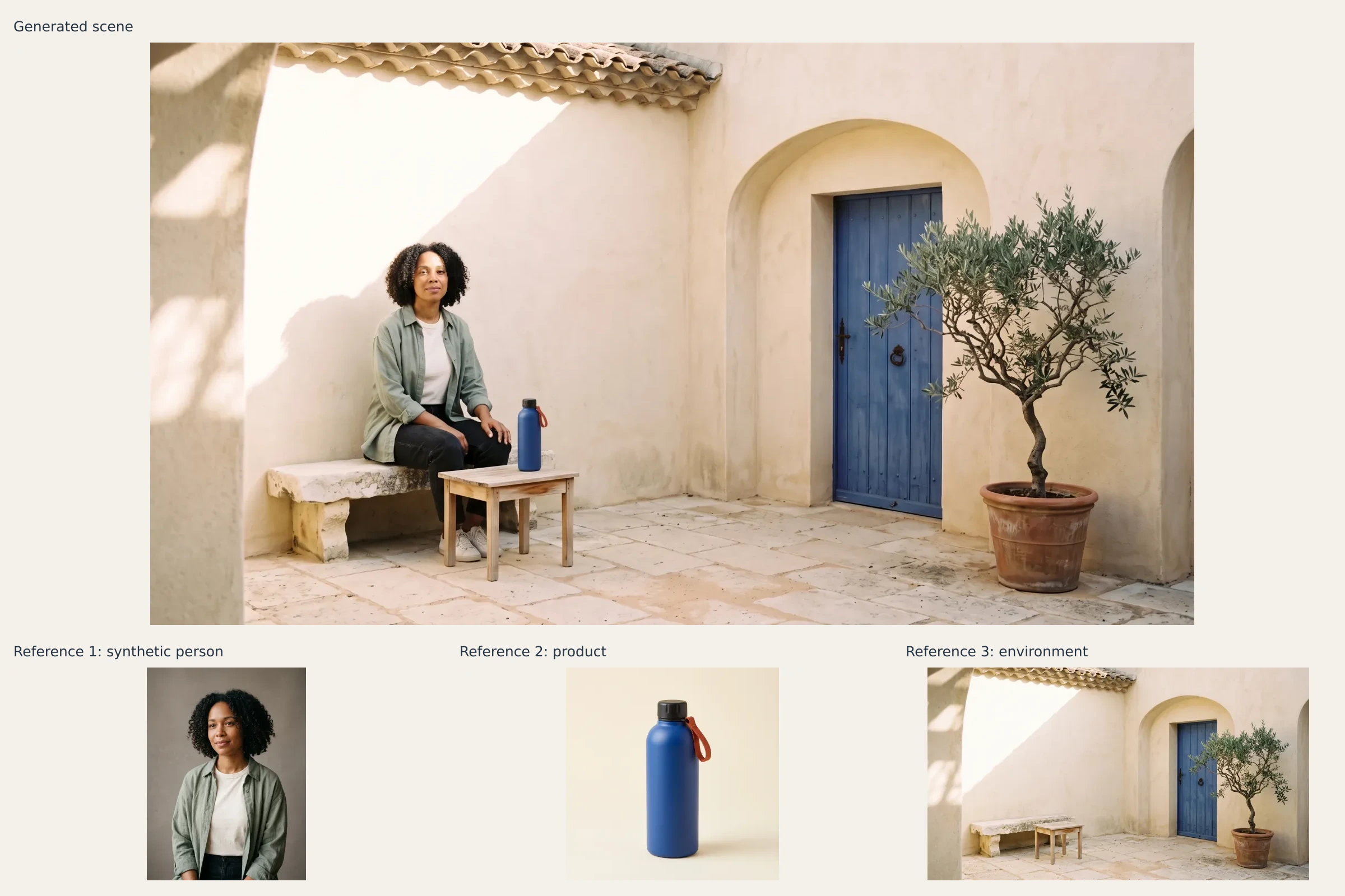 Lifestyle scene combining three generated references: a fictional woman, blue flask, and courtyard