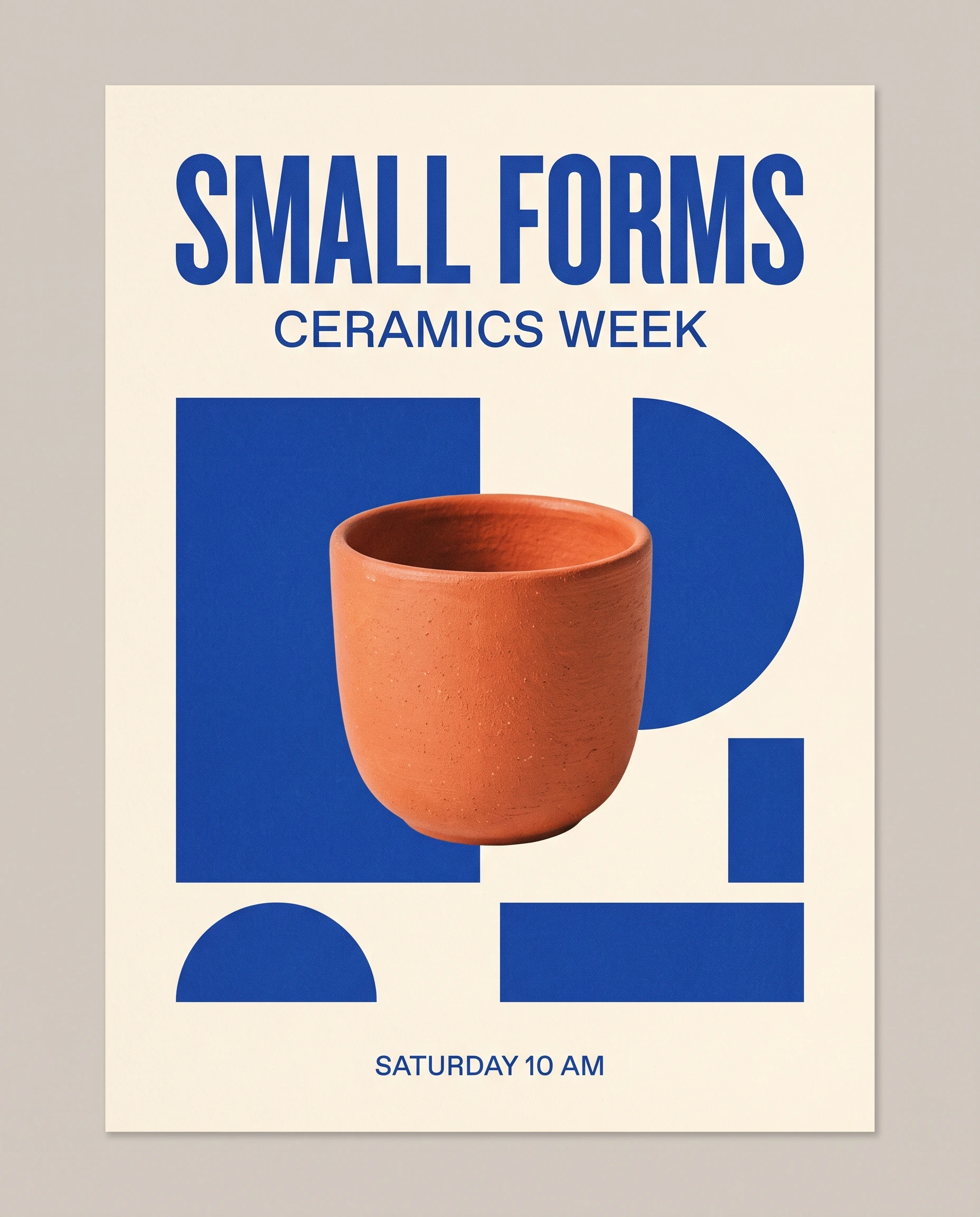 Ceramics exhibition poster with SMALL FORMS headline and blue geometric layout