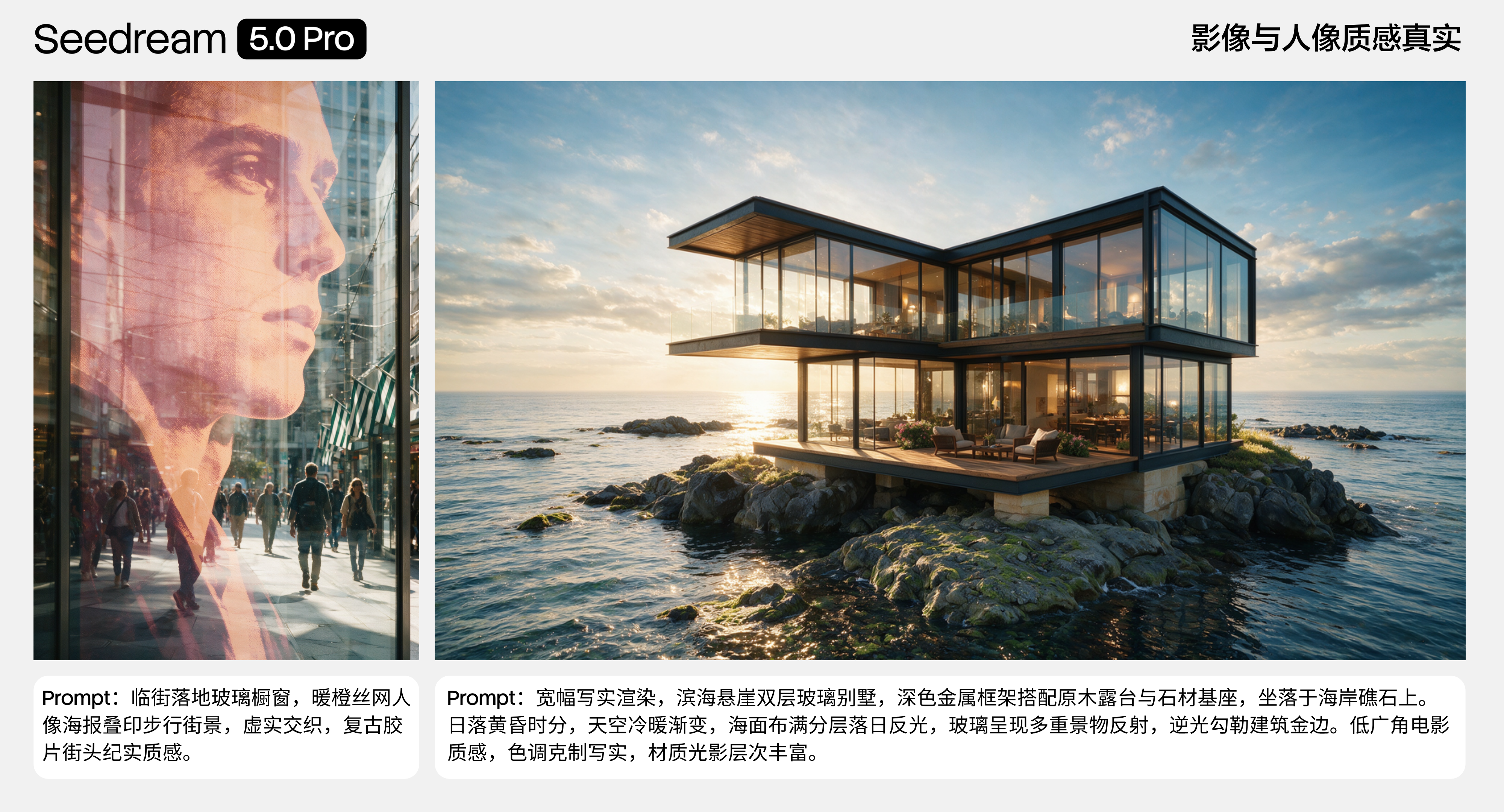 Seedream 5.0 Pro material rendering example: glass reflection and architectural photography