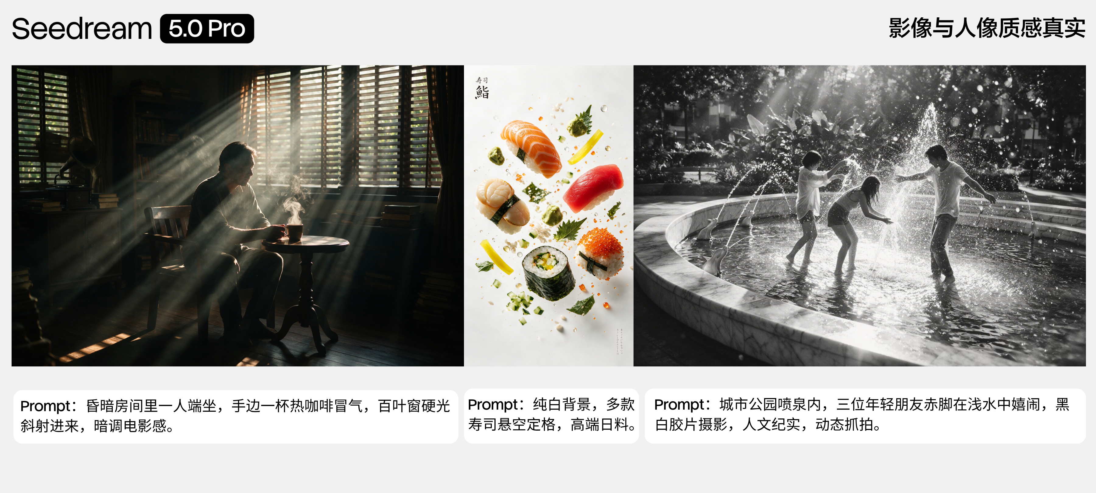 Seedream 5.0 Pro realistic imagery example: lighting, food, and black-and-white film texture
